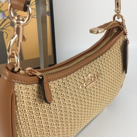 New COACH Teri 2way Shoulder Bag Crossbody Straw/Leather Latte - Picture 6 of 7